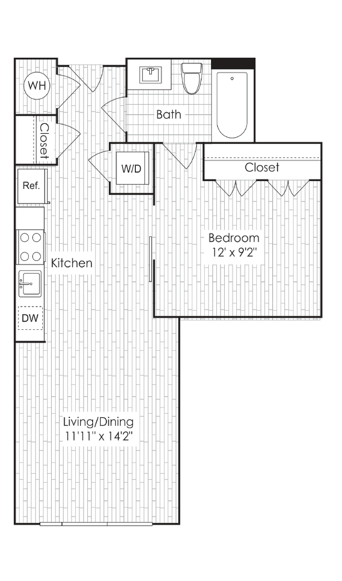 Floor plan for 1 bed, 1 bath, 588 sqft
